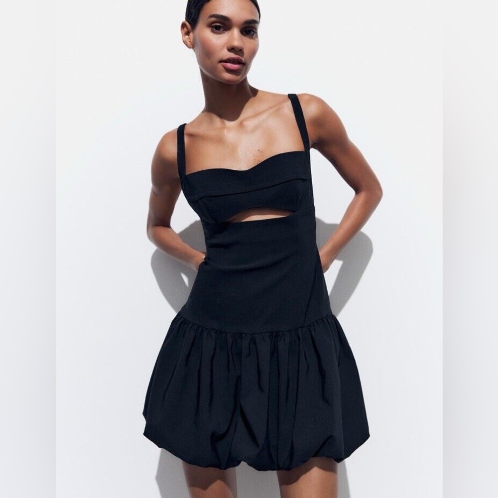 Zara Balloon Bubble Hem Drop Waist Cut Out Black Mini Dress XS LBD Minimalist